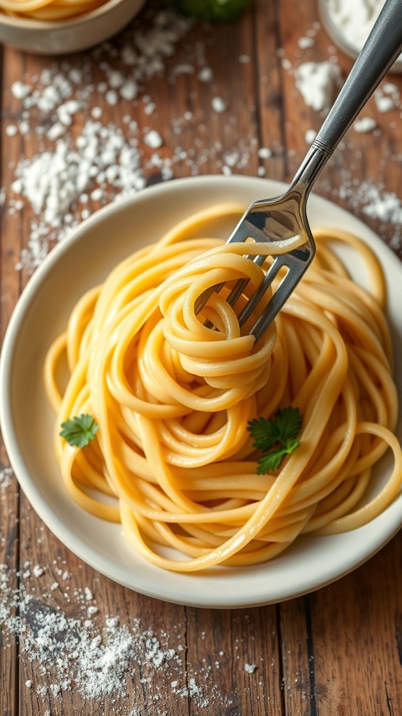 A plate of golden homemade egg noodles garnished with herbs on a rustic wooden table.
